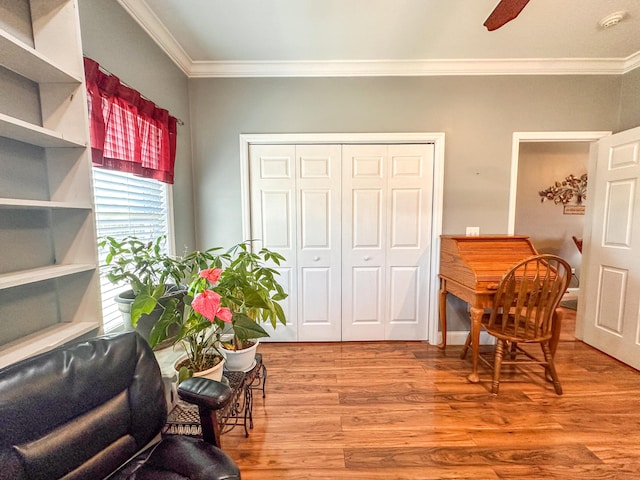 living area featuring ceiling fan, light wood-style floors, and ornamental molding