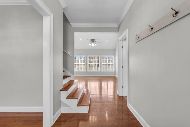 225 Blue Jay Pkwy, Ringgold, GA 30736 - hall featuring baseboards, wood finished floors, stairs, and ornamental molding
