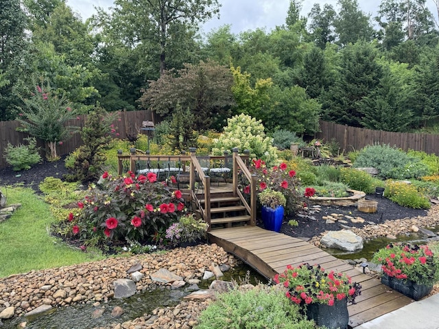 view of yard featuring a deck and a fenced backyard