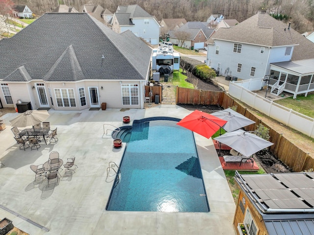 view of pool with a patio area, a residential view, a fenced in pool, and a fenced backyard