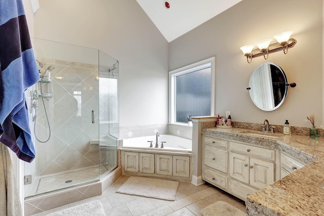 full bath featuring a shower stall, tile patterned floors, lofted ceiling, a bath, and vanity