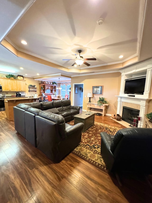 living room with a fireplace, a tray ceiling, dark wood-style floors, and ornamental molding