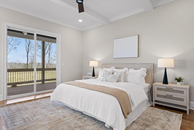 1825 River Breeze Dr, Soddy Daisy, TN 37379 - bedroom with access to outside, recessed lighting, wood finished floors, and beamed ceiling