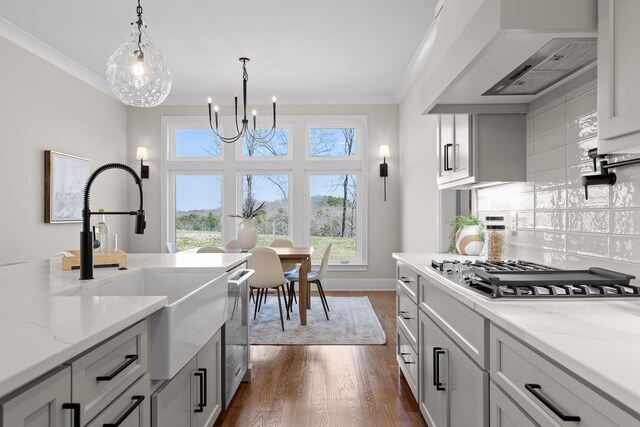 1825 River Breeze Dr, Soddy Daisy, TN 37379 - kitchen featuring custom exhaust hood, crown molding, backsplash, and stainless steel appliances