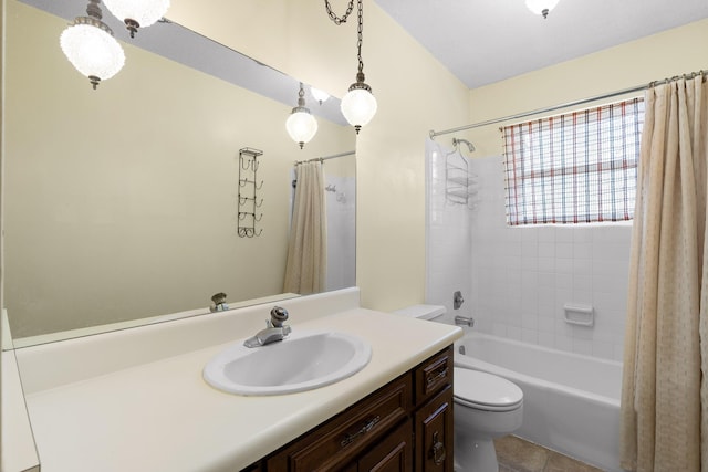 bathroom with tile patterned flooring, shower / bath combination with curtain, toilet, and vanity