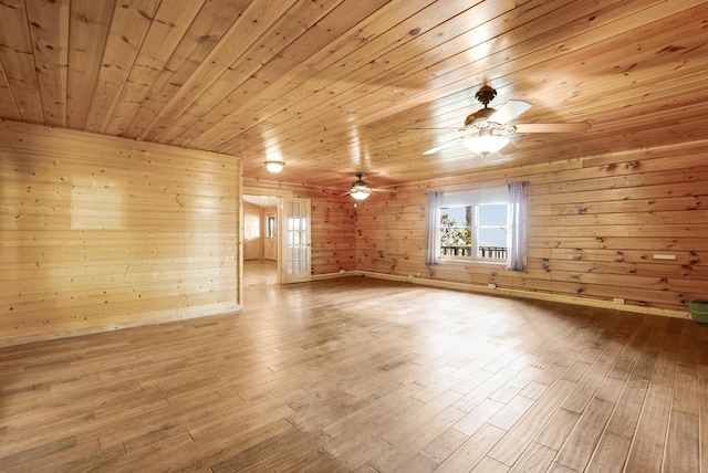 unfurnished room featuring a ceiling fan, wood finished floors, wooden ceiling, and wood walls