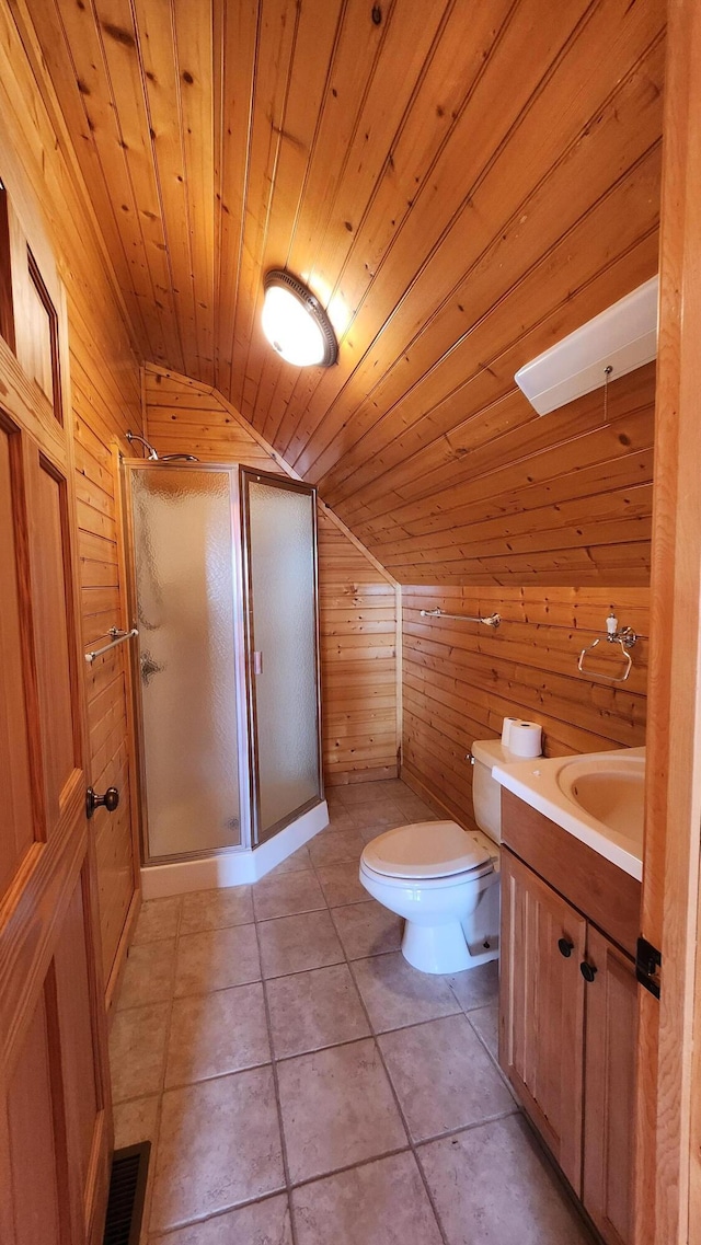 bathroom featuring a stall shower, wood walls, wooden ceiling, tile patterned flooring, and lofted ceiling