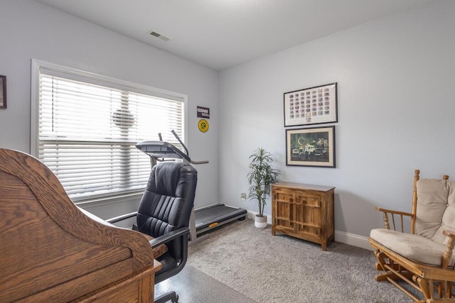 carpeted office space with visible vents and baseboards