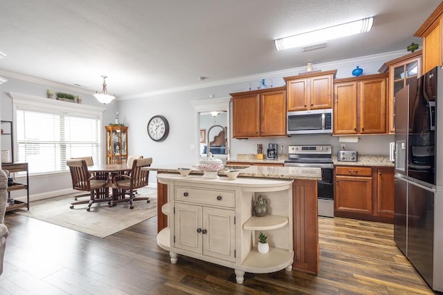 kitchen with brown cabinetry, dark wood-style floors, appliances with stainless steel finishes, and open shelves