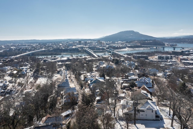 aerial view featuring a water and mountain view