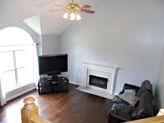 155 Spring Valley Ln, Ringgold, GA 30736 - living room featuring wood finished floors, a ceiling fan, baseboards, lofted ceiling, and a premium fireplace