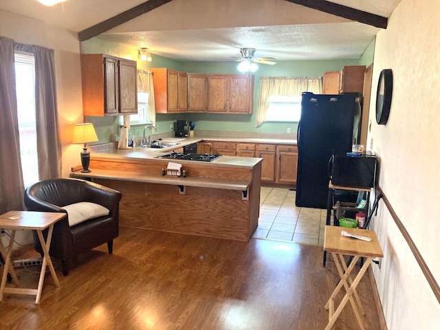2813 Nile Rd, Chattanooga, TN 37421 - kitchen with a sink, a peninsula, brown cabinetry, black appliances, and light countertops