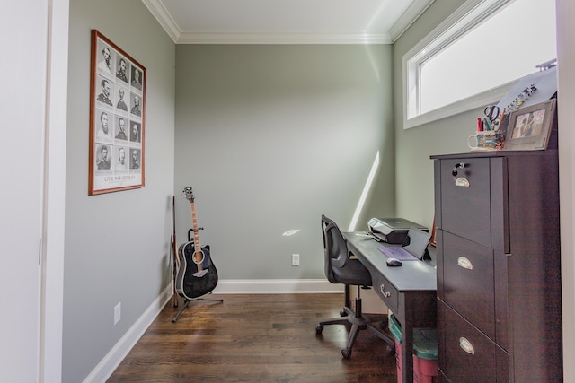 office space with baseboards, wood finished floors, and crown molding