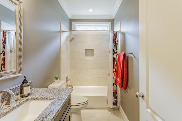 bathroom featuring vanity, crown molding, toilet, and shower / bath combo