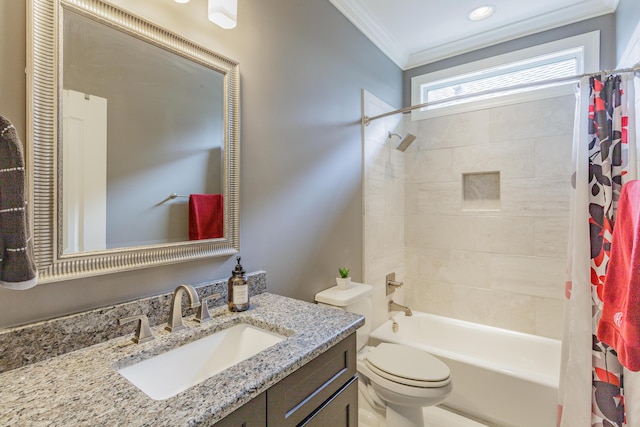 bathroom featuring vanity, crown molding, toilet, and shower / bath combo with shower curtain