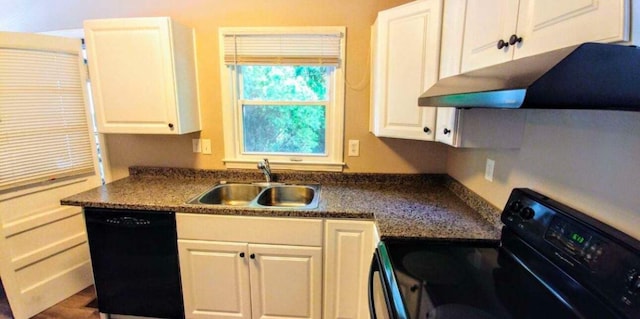 kitchen with a sink, black appliances, white cabinets, under cabinet range hood, and dark countertops