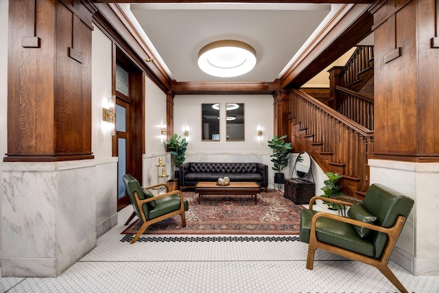 interior space featuring stairs and crown molding