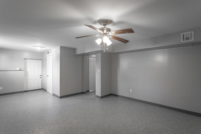 empty room featuring a ceiling fan, visible vents, and baseboards