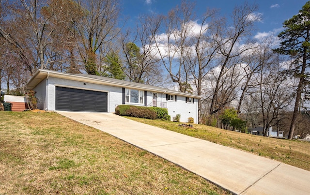 single story home featuring stucco siding, concrete driveway, a garage, and a front yard