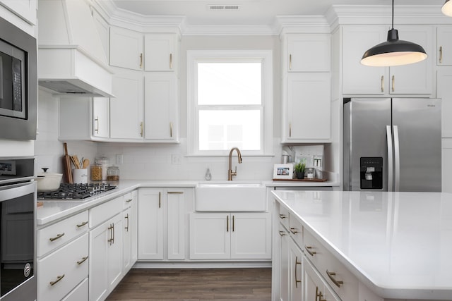 kitchen featuring custom exhaust hood, a sink, light countertops, appliances with stainless steel finishes, and crown molding