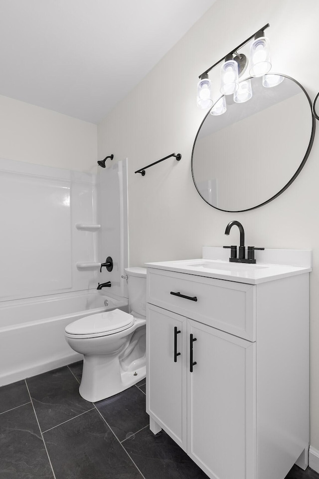 bathroom with shower / bathing tub combination, toilet, and vanity