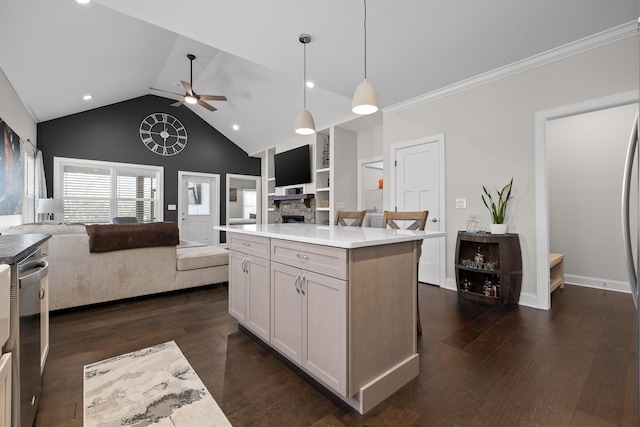 kitchen featuring dark wood-type flooring, a ceiling fan, and open floor plan