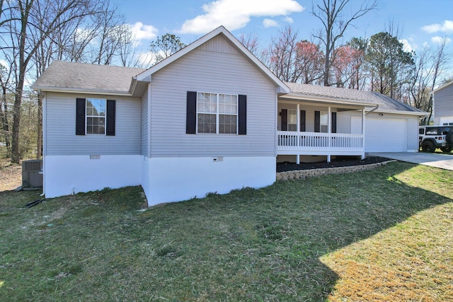 single story home featuring a front yard, covered porch, a garage, crawl space, and central air condition unit