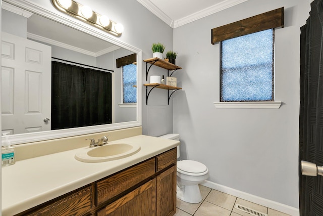 bathroom featuring vanity, visible vents, ornamental molding, tile patterned floors, and toilet