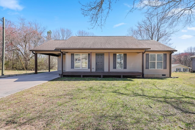 view of front of house featuring crawl space, a carport, covered porch, and driveway