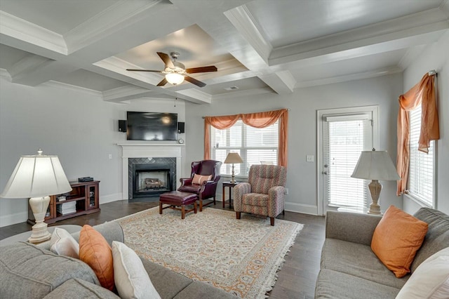 living area with beamed ceiling, dark wood-type flooring, baseboards, and a premium fireplace