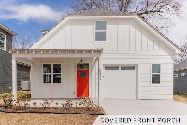 modern inspired farmhouse with central air condition unit, roof with shingles, board and batten siding, and driveway