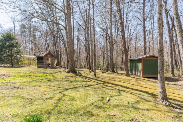 view of yard featuring an outdoor structure and a shed