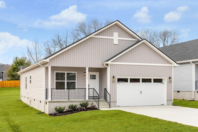 view of front of property with covered porch, concrete driveway, a front yard, an attached garage, and crawl space