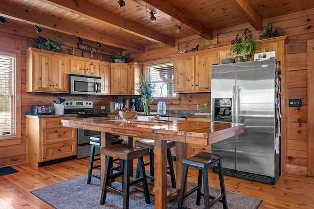 kitchen with wood ceiling, wooden walls, and stainless steel appliances