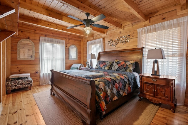 bedroom featuring wood walls, wooden ceiling, and light wood-type flooring