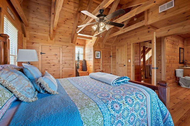 bedroom with wooden ceiling, lofted ceiling with beams, visible vents, and wood walls