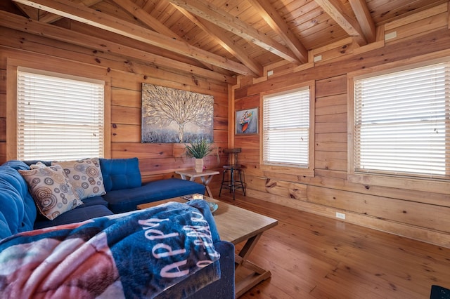 living area featuring wooden walls, wooden ceiling, vaulted ceiling with beams, and hardwood / wood-style flooring