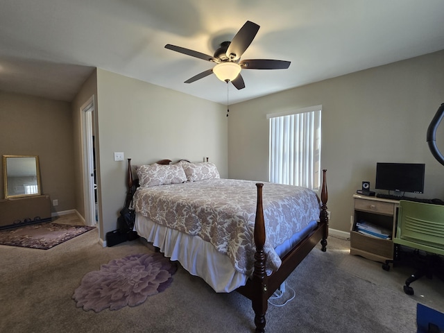 bedroom featuring carpet flooring, a ceiling fan, and baseboards