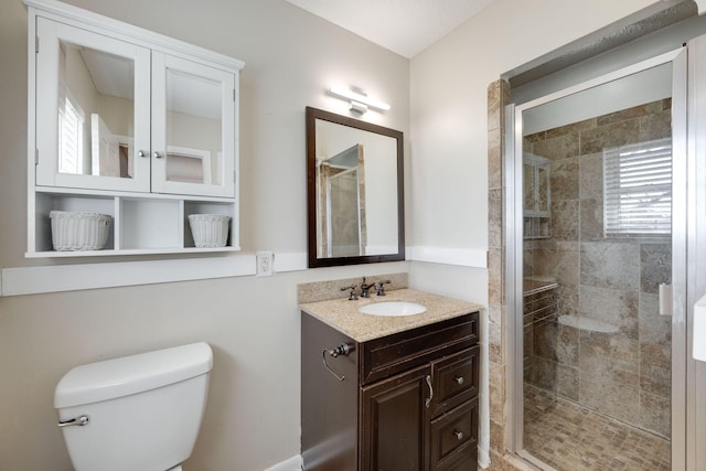 bathroom with a stall shower, toilet, and vanity