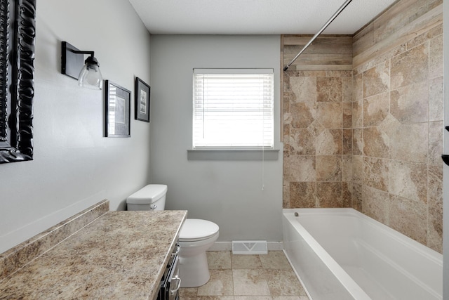 bathroom with vanity, baseboards, visible vents, bathtub / shower combination, and toilet