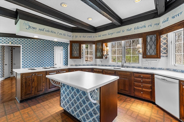 5803 Lake Resort Dr, Hixson, TN 37343 - kitchen with a sink, wallpapered walls, a center island, white appliances, and light countertops