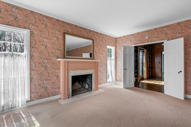5803 Lake Resort Dr, Hixson, TN 37343 - unfurnished living room with wallpapered walls, a healthy amount of sunlight, and carpet floors