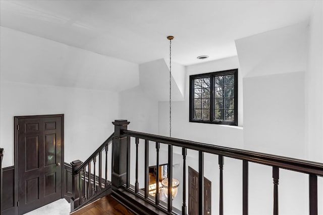 5803 Lake Resort Dr, Hixson, TN 37343 - interior space with vaulted ceiling, an upstairs landing, visible vents, and dark wood-type flooring