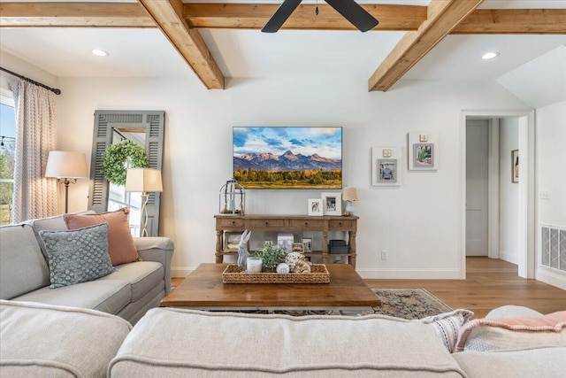 living room featuring recessed lighting, beamed ceiling, wood finished floors, and ceiling fan