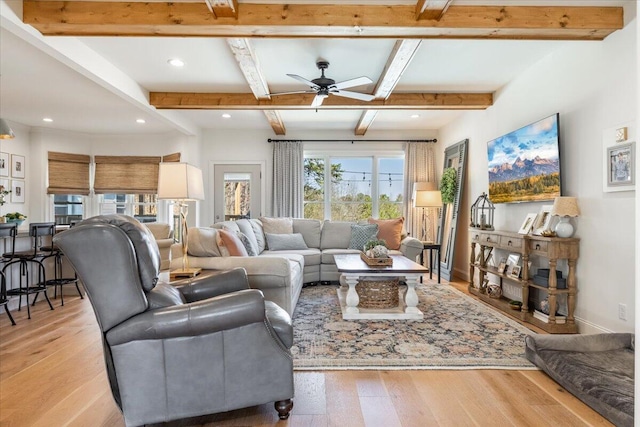 living room with beam ceiling, recessed lighting, a ceiling fan, and light wood-style floors