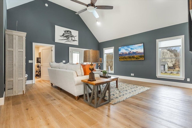 living area featuring visible vents, baseboards, ceiling fan, light wood-style floors, and high vaulted ceiling