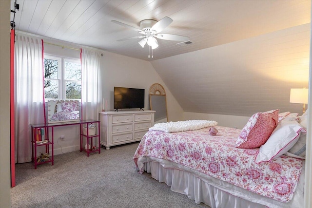 bedroom with a ceiling fan, visible vents, vaulted ceiling, wooden ceiling, and carpet flooring