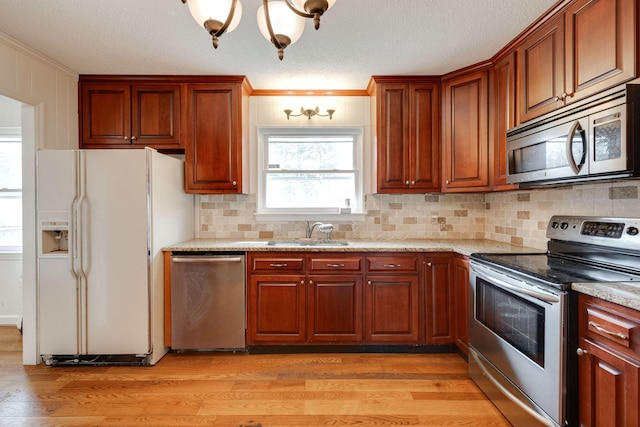 kitchen with backsplash, stainless steel appliances, light wood-type flooring, and a sink