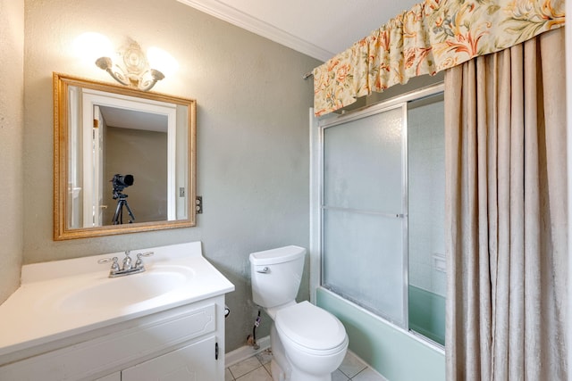 full bath featuring vanity, enclosed tub / shower combo, ornamental molding, tile patterned floors, and toilet