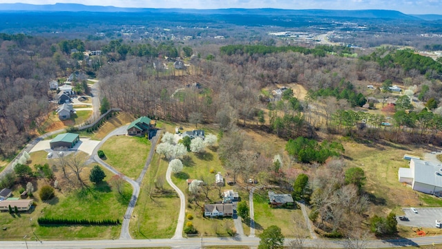 birds eye view of property with a wooded view and a mountain view